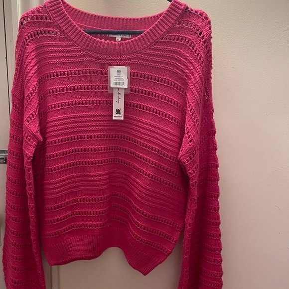 Willow and Clay Sweater. OPEN WEAVE STRIPE SWEATER IN MAGENTA 50% Cotton - Picture 5 of 7